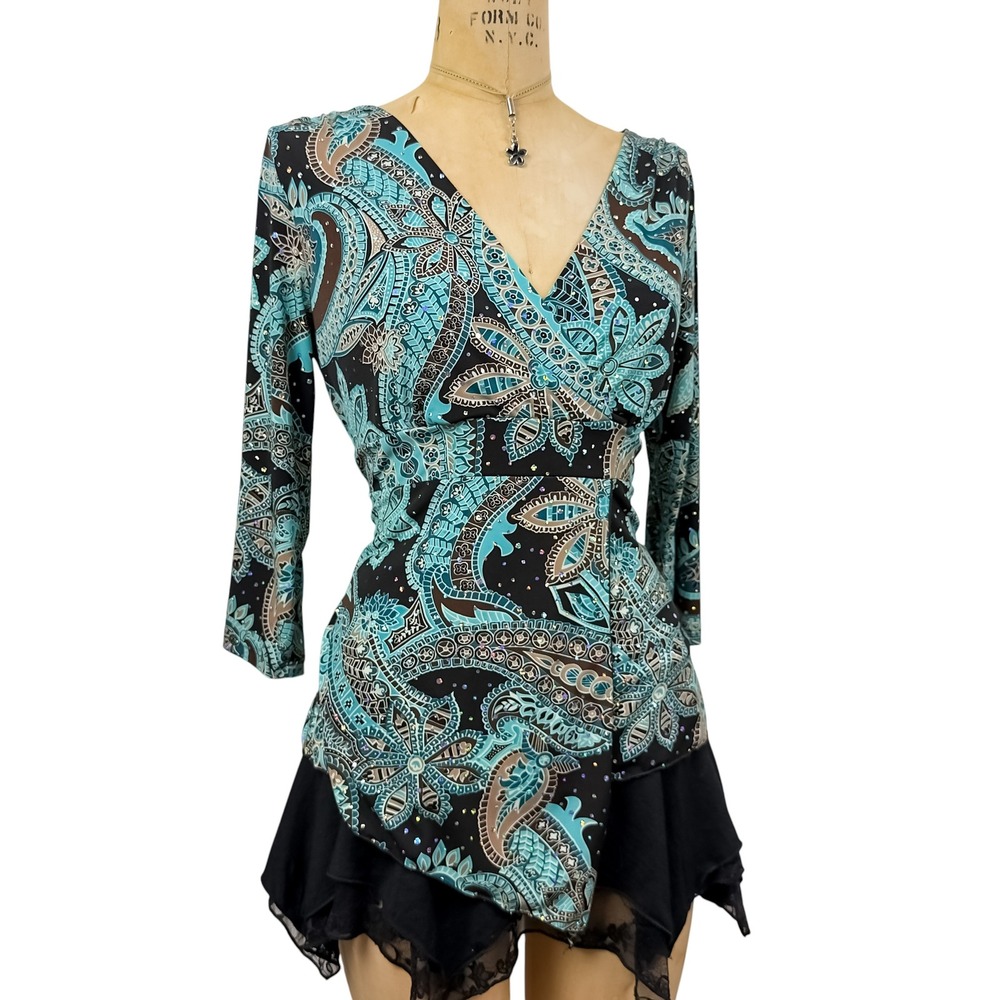 90s Retro Sequin Teal Paisley Wrap Top Asymmetrical Hem 80s Glamoratti Size M - Picture 3 of 8